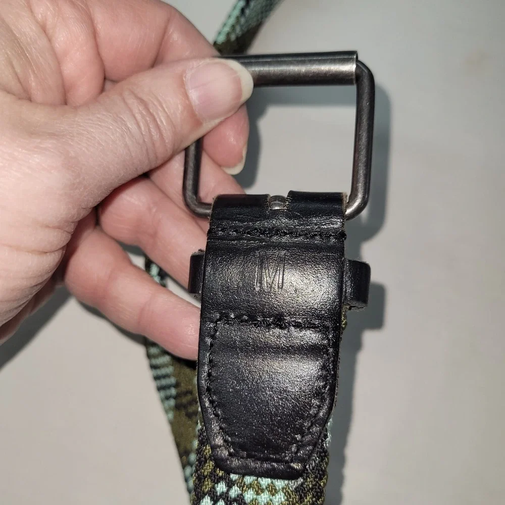 & Woven Stretch Belt Mens Medium Green Black Argyle Geometric‎ Braided Elastic